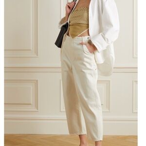 Cropped Button Embellished Cotton Twill Wide Leg Pants Off White